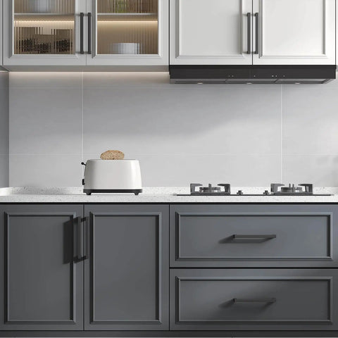 Kitchen view with 2 Pack Black Square Bar Cabinet Pulls With Slick Matte Finish For Kitchen And Bathroom Cabinets And Cupboards Center To Center 12.6in (320mm) Hollow Yet Durable Stainless Steel Hardware Easy Install Goldenwarm installed on gray cabinets.