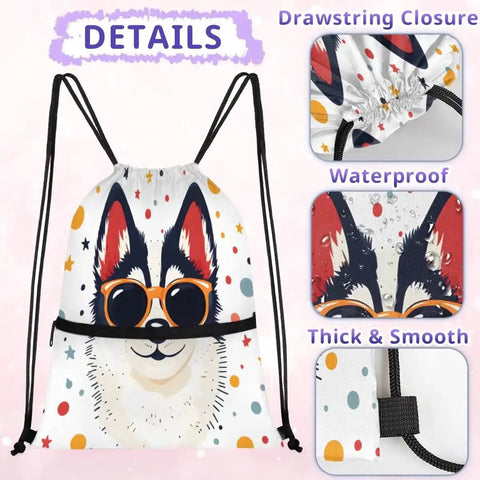 Cool Dog With Sunglasses Drawstring Bag For Men And Women, Lightweight Gym Sackpack, shows front design with drawstring closure