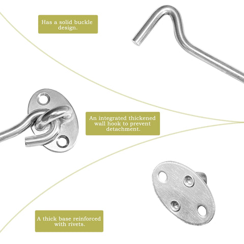 Close-up view of 4 Inch Stainless Steel Hook And Eye Latch for Doors Windows Cabinets And Fences with reinforced base and solid hook design.