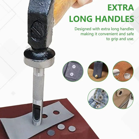 Demonstration of Eleven Piece Leather Craft Pro Grade Punch Tool Kit With Snap Fastener Setter And Rivet Die Set punching holes in leather