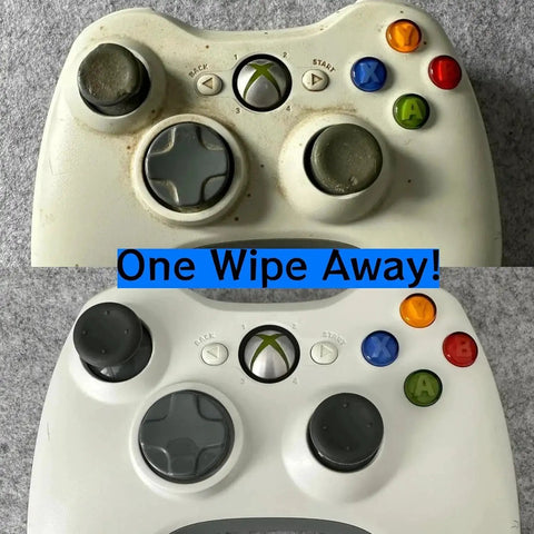 Before and after cleaning with Hearing Aid Cleaning Towelettes Kit With 160 Wipes And Battery Keychain, showing game controller.