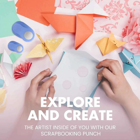 Hands using 5/8 Inch Circle Punch For Scrapbooking And Card Making, Delivers Precise Cuts Every Time with colorful origami pieces.
