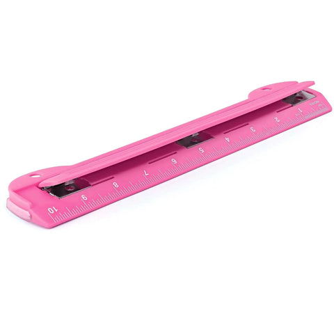 Portable pink 3 hole punch for papers and binders, 10 inch ruler, removable chip tray, perfect for school, office, crafts.