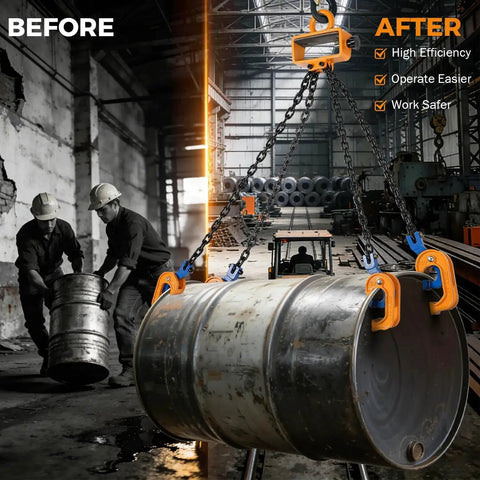 2 Ton Drum Lifter For 55 Gallon Drums With Forklift Hoist Chain And 4 Hooks lifting a metal drum in an industrial setting
