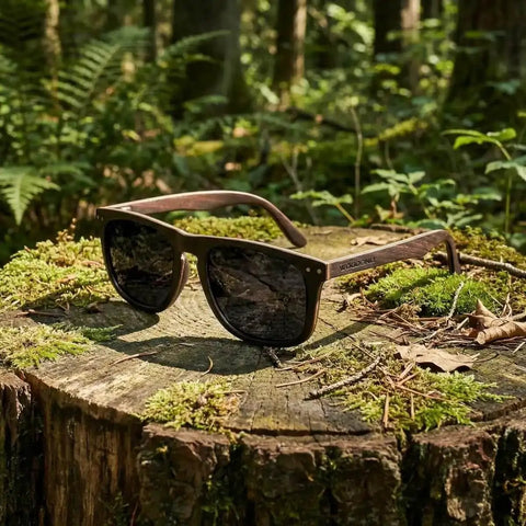 Retro Wood Polarized Sunglasses With Bamboo Case For Men And Women on a forest stump, natural ebony frames, UV protection.