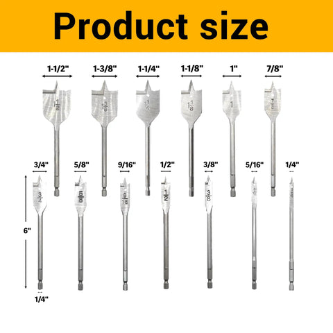13 Piece Spade Drill Bit Set One Quarter To One And One Half Inch With Quick Change Hex Shank For Woodworking And Plastic Hole Cutter, 45 High Carbon Steel Paddle Bits For Durable Woodworking Tools By Wisechain, displayed with sizes.