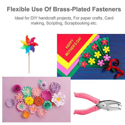 Three Piece Metal Handheld Hole Punch Set With Plastic Handle Includes Different Hole Diameters For Diy Crafts And Tag Making Great For School Supplies Pink Purple Blue Vivid Style next to colorful DIY crafts.