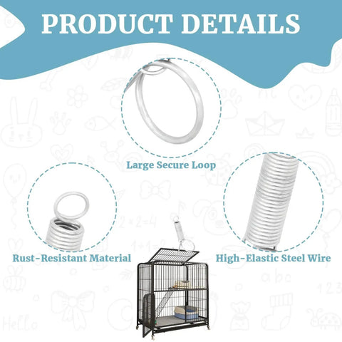 Diagram of 40 Pack Metal Finger Spring Latch Hooks for Rabbit Cages Dog Crates Cat Doors, showing loop size and material details.