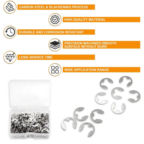 200Pcs M5 E Clip Circlip Retaining Rings Set Stainless Steel 304 External Snap Rings display with box and infographic.