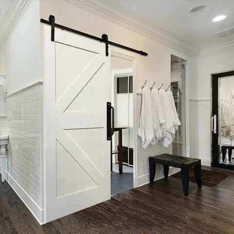 Metal Barn Door Pull Set, Four Pack Long Base Flat Head Drawer Pulls For Barn Doors, Black Finish, installed on white barn door