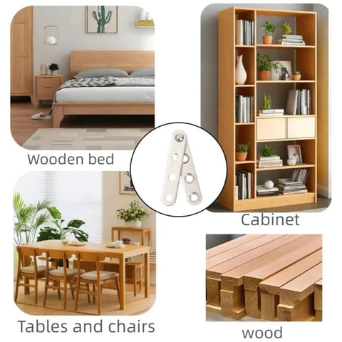 Image collage featuring a wooden bed, cabinet, dining table set, and wooden planks with a 4 Piece Stainless Steel 360 Degree Concealed Door Hinges Set for Cabinets Drawers and Windows Built To Last Durable Corrosion Resistant Pivot Hinges For DIY Home Upgrades.