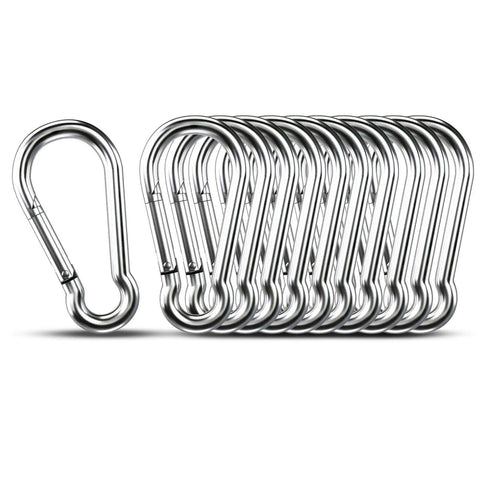 Stainless steel carabiners in a set of 10, showcasing heavy-duty build and lightweight design, ideal for various utility tasks.