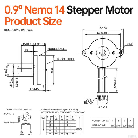 Beefy Torque 0.9 Degree Round Nema 14 Bipolar Stepper Motor technical diagram with dimensions and wiring details for 3D printer CNC robot projects.