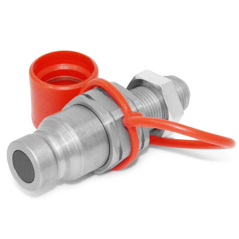 Summit Hydraulics flat-face hydraulic quick-connect coupler with red protective cap, bulkhead skid steer mount