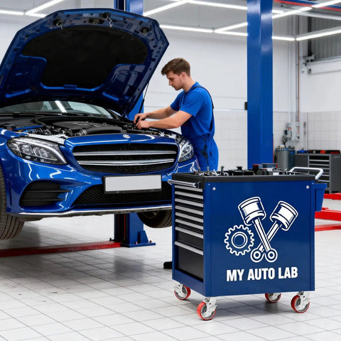 Mechanic working on a blue car in a workshop next to a tool cabinet with "My Auto Lab" branding.