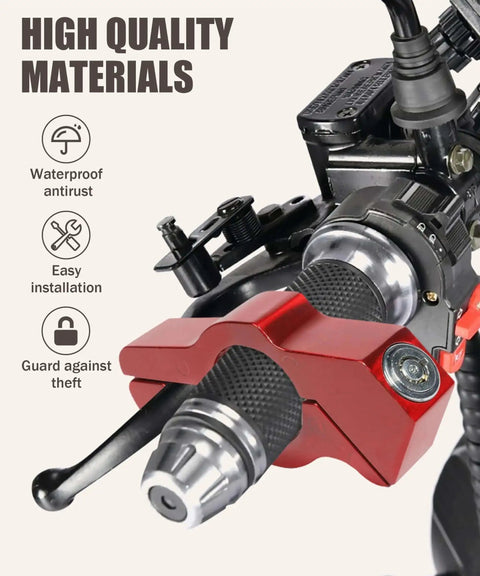 Red Beefy Heavy Duty Motorcycle Lock with Adjustable Handlebar for Anti Theft CNC Aluminum Construction installed on bike