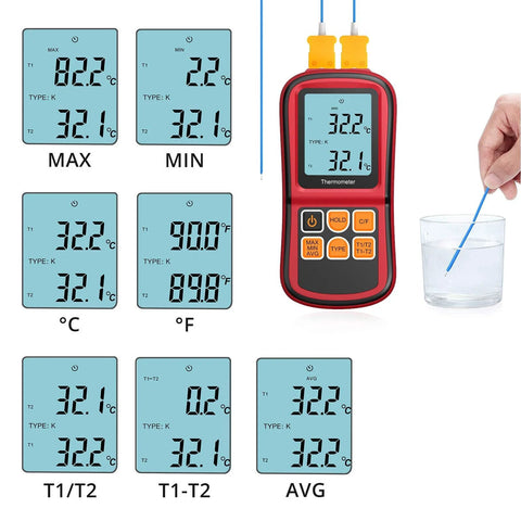 Kamtop dual-channel digital thermometer with two K-type probes; red handheld meter with backlit LCD.