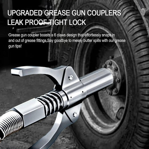 Grease Gun Coupler With Quick Lock And Double Handle Six Thickened Claws For Tight Fit Leak Proof Seal Up To 12000 PSI Works With All Grease Guns Ideal For Automobiles Farm Machinery Boats Marine Use And Heavy Equipment
