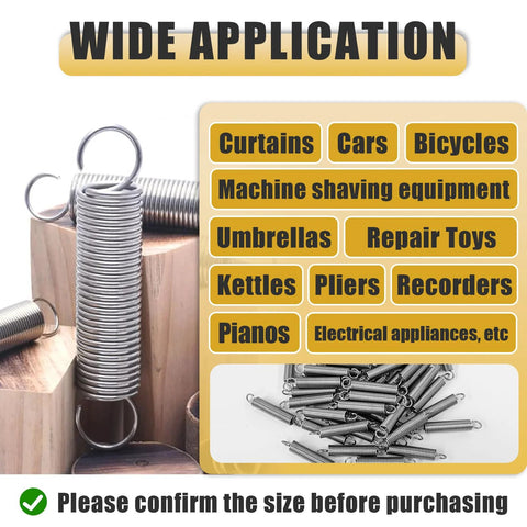 Stainless steel extension springs with hook ends, 1/4 x 1-1/2 in, 50 pcs, shown with yellow wide-application graphic.
