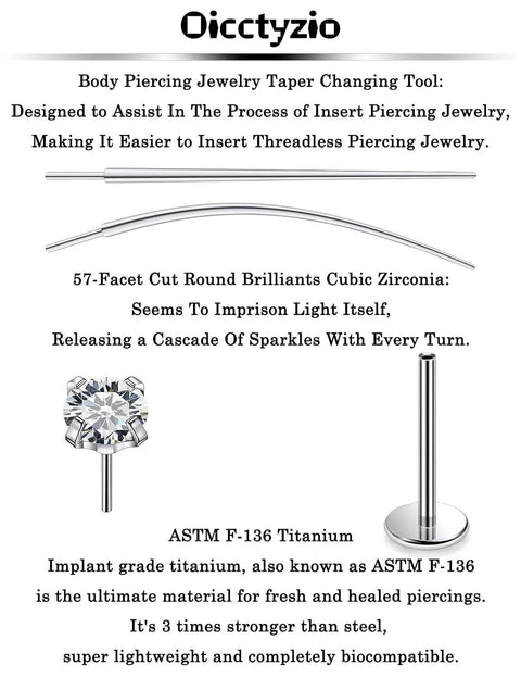 Titanium Threadless Flat Back 20G Jewelry For Women Earrings Nose Ring 10mm Bar Length 3mm Cubic Zirconia Stud For Tragus Helix Conch Cartilage Piercings Medical Grade F136 Everyday Wear with 57-facet zirconia and taper changing tool
