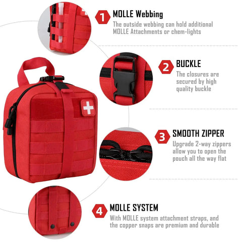 Red Rugged 1000D Nylon First Aid Bag with Molle Pouches and Buckles for EMTs, featuring smooth zipper and webbing details.