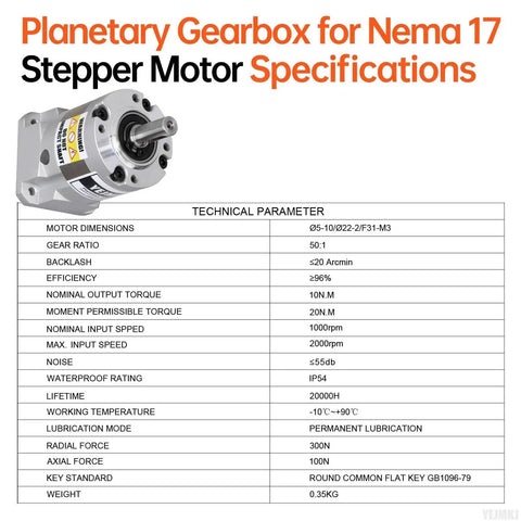 50 To 1 Planetary Gearbox For Nema 17 Stepper Motors With 8mm Output Shaft And 20 Arcmin Backlash, technical specifications table