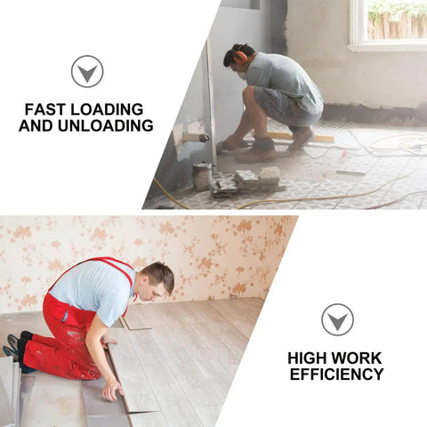 Two workers installing flooring and tiles, demonstrating fast loading, unloading, and high work efficiency in home renovation.