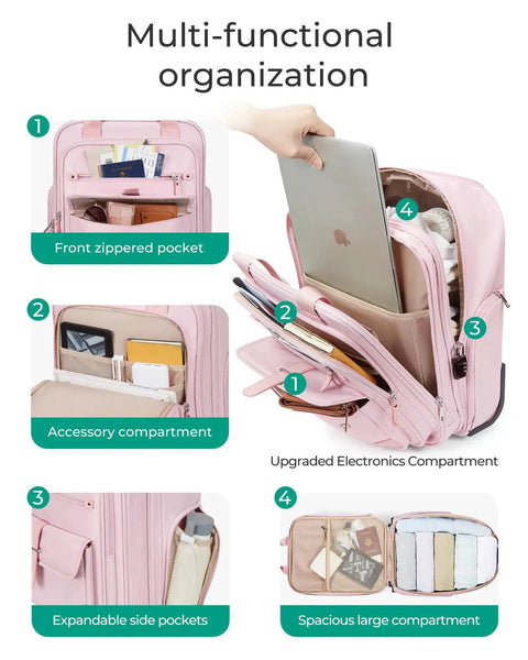 Underseat Carry On Luggage With Wheels For Women Sixteen Inch Lightweight Softside Carry On Bag For Airplanes organization compartments