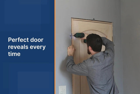Bulk Door Install Kit With 77 Brackets And All Screws Delivers Fast Shim Free Install For 11 Doors Using 7 Brackets Each Or 12 Point 8 Doors With 6 Brackets Achieving 10X Faster Setup And A Consistently Perfect Reveal being used to install a door with a power drill, ensuring precise reveal.