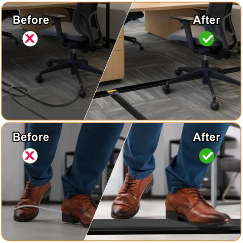 Before and after comparison of Heavy Duty PVC Floor Cord Cover for wires and cables, reducing trip hazards in office with black ramp.