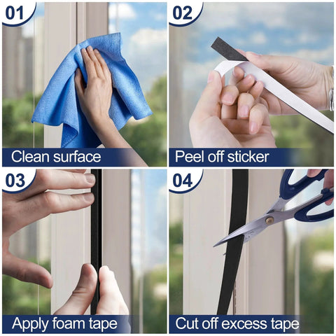 Steps to install 66Ft Self Adhesive EVA Foam Weather Stripping Tape For Doors And Windows, Half Inch By One Eighth Inch