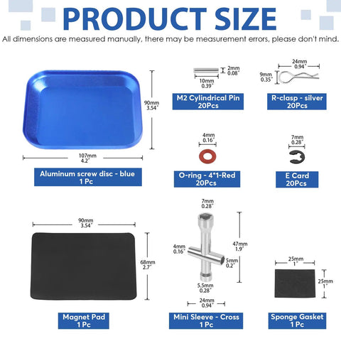 Universal RC Screw Kit 502 Pcs With Hex Button Head And Flat Head Screws Nuts Washers Grub Screws Dowels Clips O Rings E Clips Mini Socket Magnetic Screwdriver For Traxxas Axial Redcat HPI Arrma Losi 1 8 1 10 1 12 Scale product dimensions and components including blue aluminum screw disc and magnet pad.