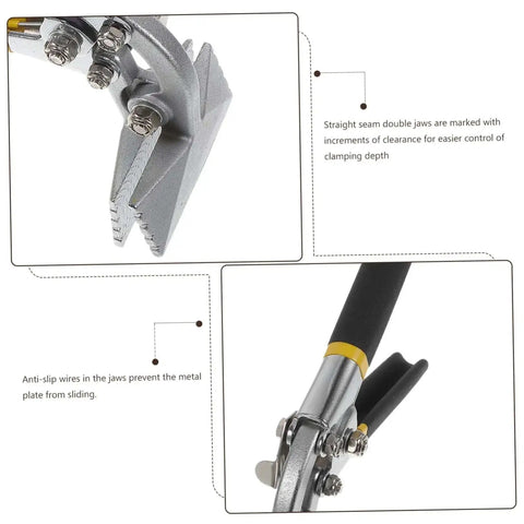 Close-up of Manual Metal Bender Pliers with serrated jaws and locking handle, showing anti-slip jaw design for sheet metal bending.