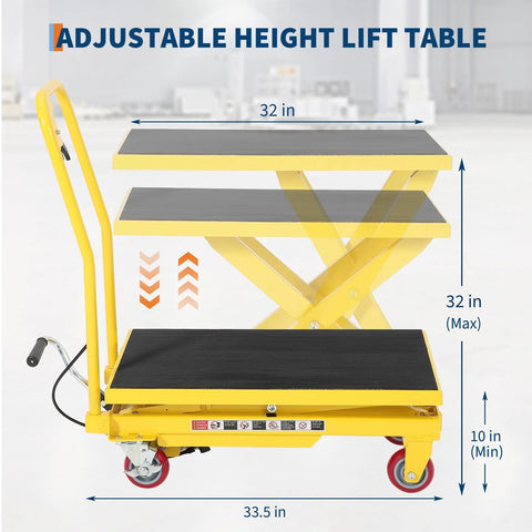 Hydraulic Lift Table Cart 1100 Lb Capacity 10 To 32 In Lift Height With Wheels, yellow platform, adjustable height marked