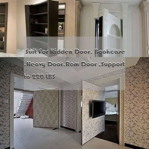 Collage of hidden door pivot hinges for Murphy doors and bookcase entries with 360-degree built tough stainless steel pivot hinge