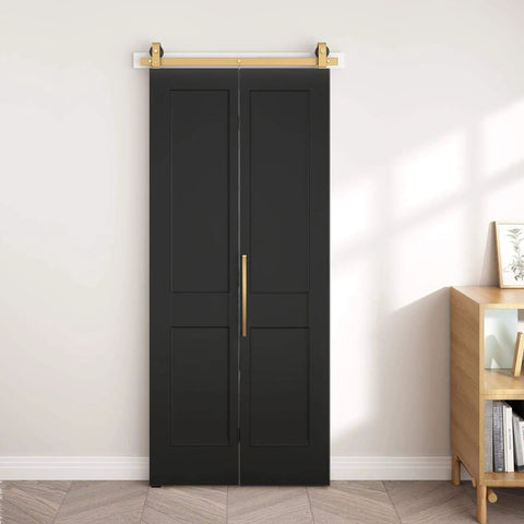 36 By 84 Inch Bifold Barn Door In Textured Black With Vinyl Wrap Two Panel Hollow Core Interior Door With Brushed Gold Hardware Kits