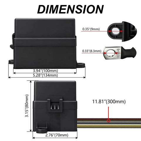 Dimensions of the 12V 4 Way Fuse Relay Box With Four Relays And Four ATC And ATO Fuses, showing measurements and parts details.