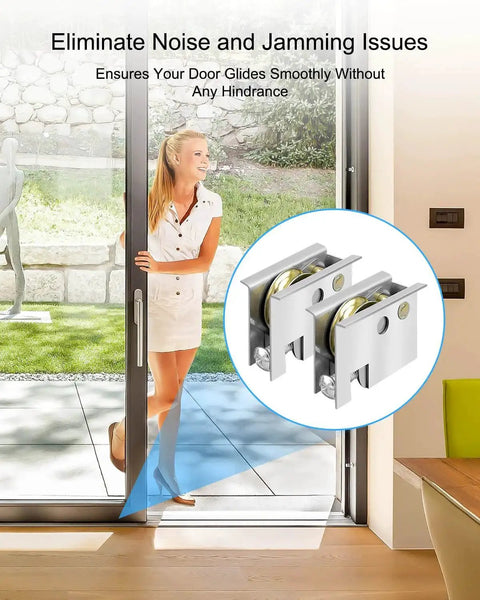 Woman using Sliding Door Roller Set For Post-1992 Sliding Patio Doors Replace 0C5Y00P0 next to patio, close-up of rollers inset
