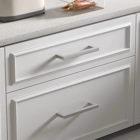 30 Pack 5 Inch Brushed Nickel Cabinet Pulls Square Drawer Handles For Kitchen Cabinets Cupboards And Dressers on white drawers