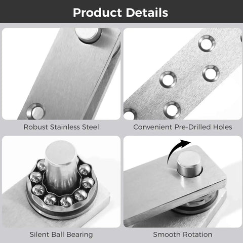 Close-up of 2 Pack Beefy Heavy Duty Pivot Hinges with bearing style hidden hardware showing stainless steel details and features.