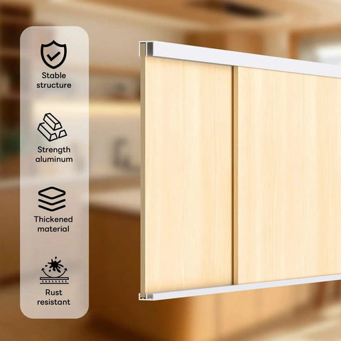 Complete Aluminum Sliding Door Track Kit with two upper tracks and two lower tracks for sliding windows, shown installed with wooden panels.