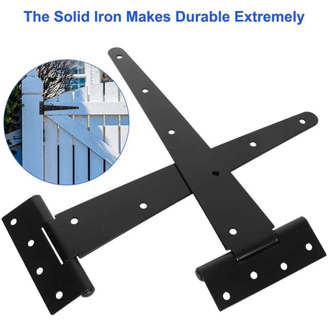 Six Pack 12 Inch T Strap Shed Hinge Set In Black Heavy Duty Iron T Hinge for doors-fence gate with screws, rust resistant, 50 kg load