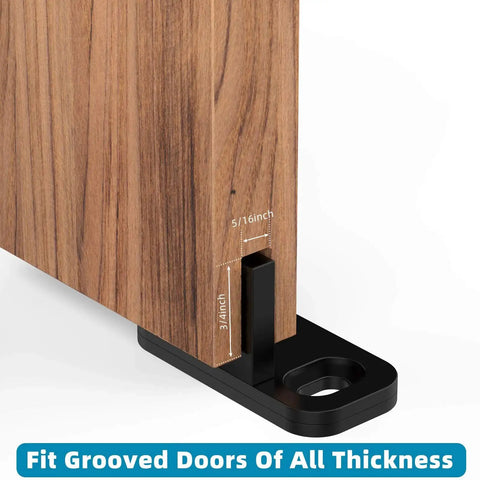 Sliding door with eight piece barn door floor guides set for sliding doors bottom mount floor track and closet hardware black finish.
