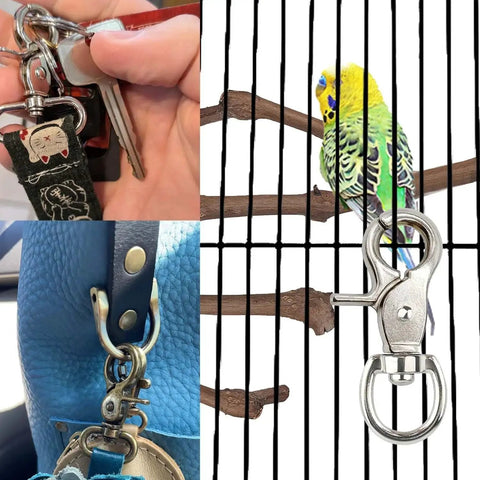 Lobster Clasp Trigger Snap Hooks 360 Degree Swivel Zinc Alloy 30 Pack shown on keychain, birdcage, and purse.
