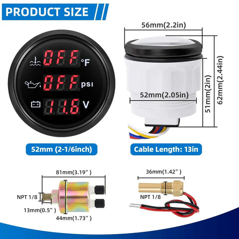 All In One 3 In 1 Boat Gauge Kit For Marine Use Water Temp 104F To 248F Oil Pressure 0 To 145 PSI Voltmeter 9 To 32V 2 Inch 52mm Auto Gauge with sensors and dimensions