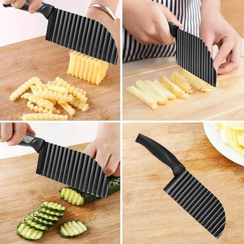 Crinkle Potato Cutter With Wave Blade Stainless Steel Handheld Slicer Chipper Pro Grade For Fries And Veggies 11.8 Inches Long 2.9 Inches Wide Black 1 Pack Durable Kitchen Tool For Home Cooking shown slicing potatoes and cucumbers