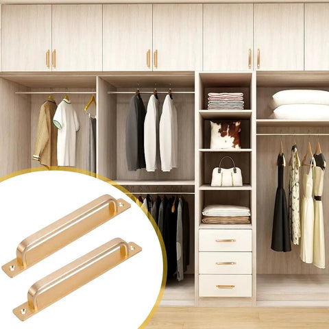 2 Pack Barn Door Handles for Cabinets and Drawers, Aluminum Alloy Flush Flat Base Pulls in Gold, shown in modern closet setting.