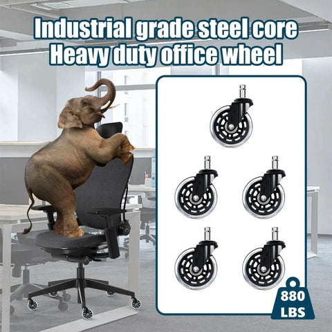 Set Of Five 3 Inch Smooth Replacement Chair Wheels With Rollerblade Style Bearings For Ultra Quiet Glide 880 Lbs Heavy Duty Transparent Casters Universal Fit For Home Office And Gaming Chairs Long Lasting Low Noise And Vibration Reduction, shown with elephant on chair