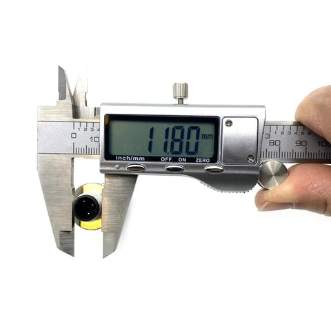 M12 3 Pin Male Circular Connector A Coding Interface measured at 12mm with digital caliper, brass gold-plated contacts