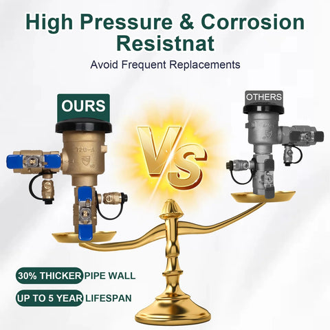 Front view of 1-inch brass pressure vacuum breaker backflow preventer with blue handles, ours vs others comparison.